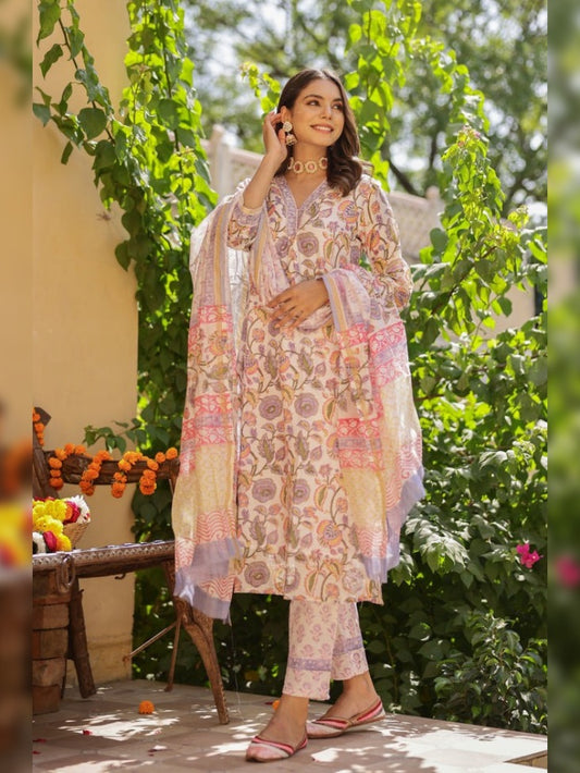 Elegant Floral Printed Cotton 3-Piece Suit Set for Women | Soft Pastel Kurta with Pant & Dupatta