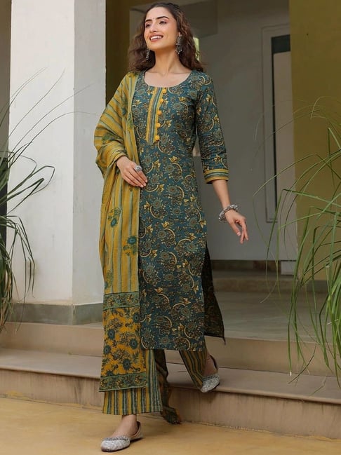 Chic Dark Green & Yellow Printed Cotton 3-Piece Suit Set | Kurta, Pant & Dupatta for Women