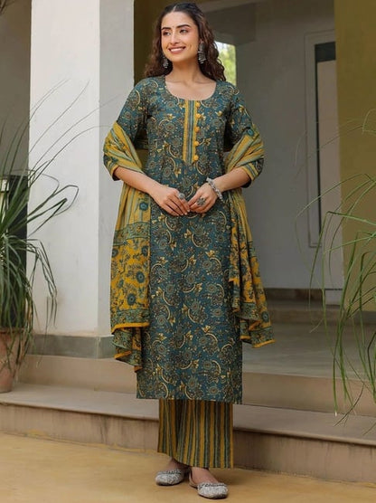 Chic Dark Green & Yellow Printed Cotton 3-Piece Suit Set | Kurta, Pant & Dupatta for Women