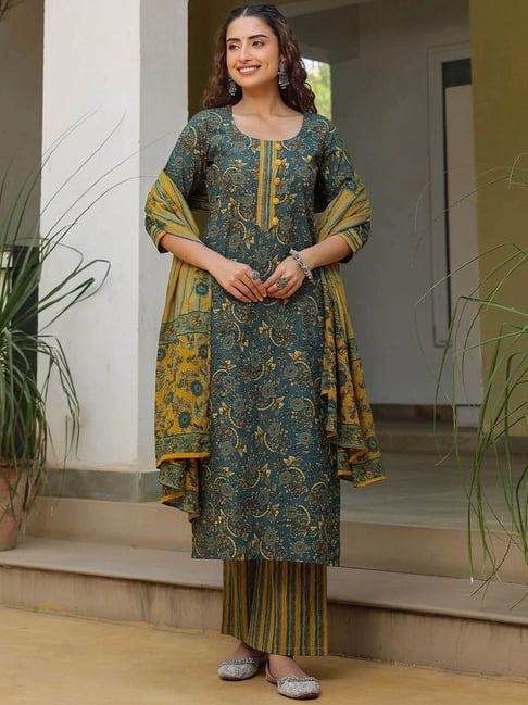 Chic Dark Green & Yellow Printed Cotton 3-Piece Suit Set | Kurta, Pant & Dupatta for Women