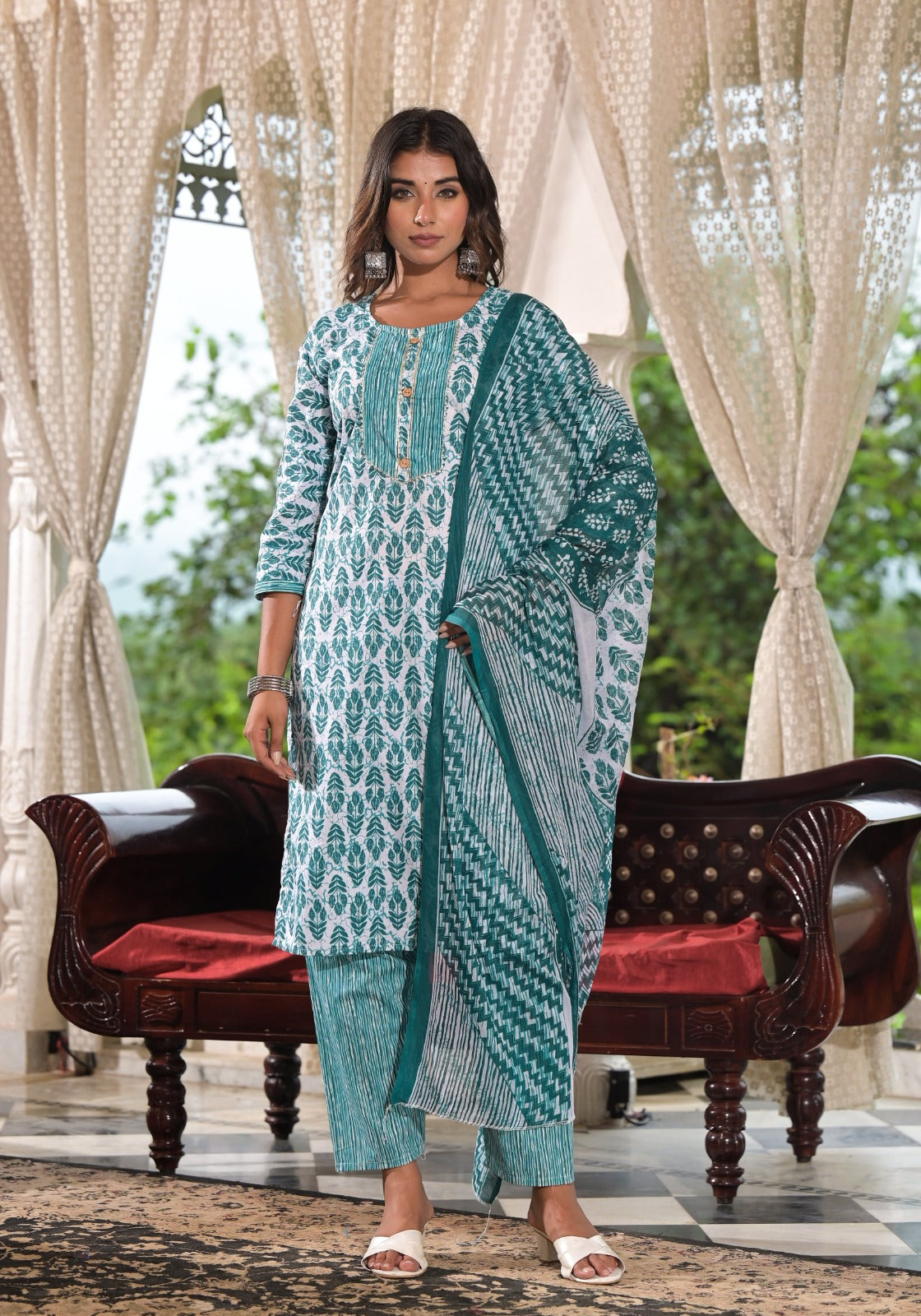 FlexFeb Sky Blue Printed Cotton Stitched Dress Suit Set | Elegant Ethnic Wear with Matching Dupatta