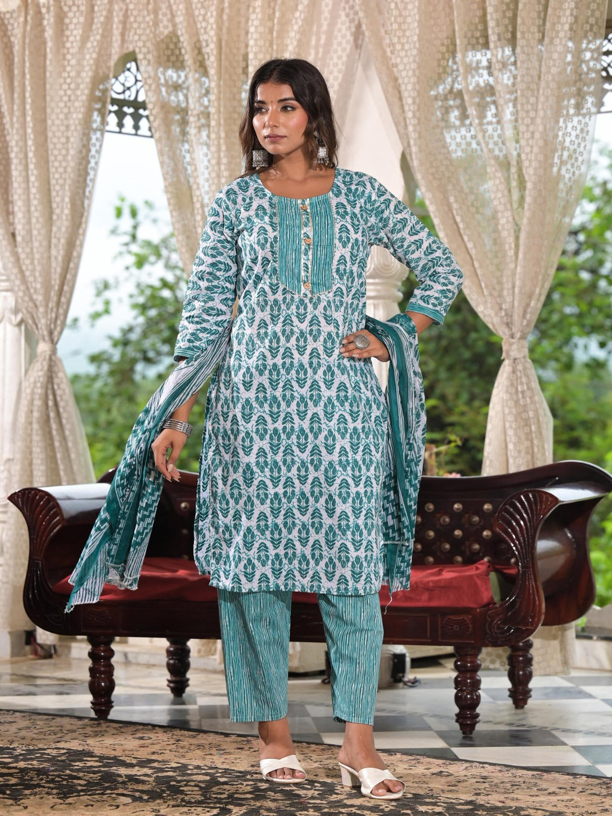 FlexFeb Sky Blue Printed Cotton Stitched Dress Suit Set | Elegant Ethnic Wear with Matching Dupatta