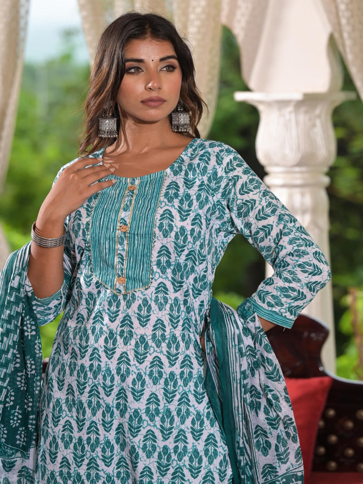 FlexFeb Sky Blue Printed Cotton Stitched Dress Suit Set | Elegant Ethnic Wear with Matching Dupatta