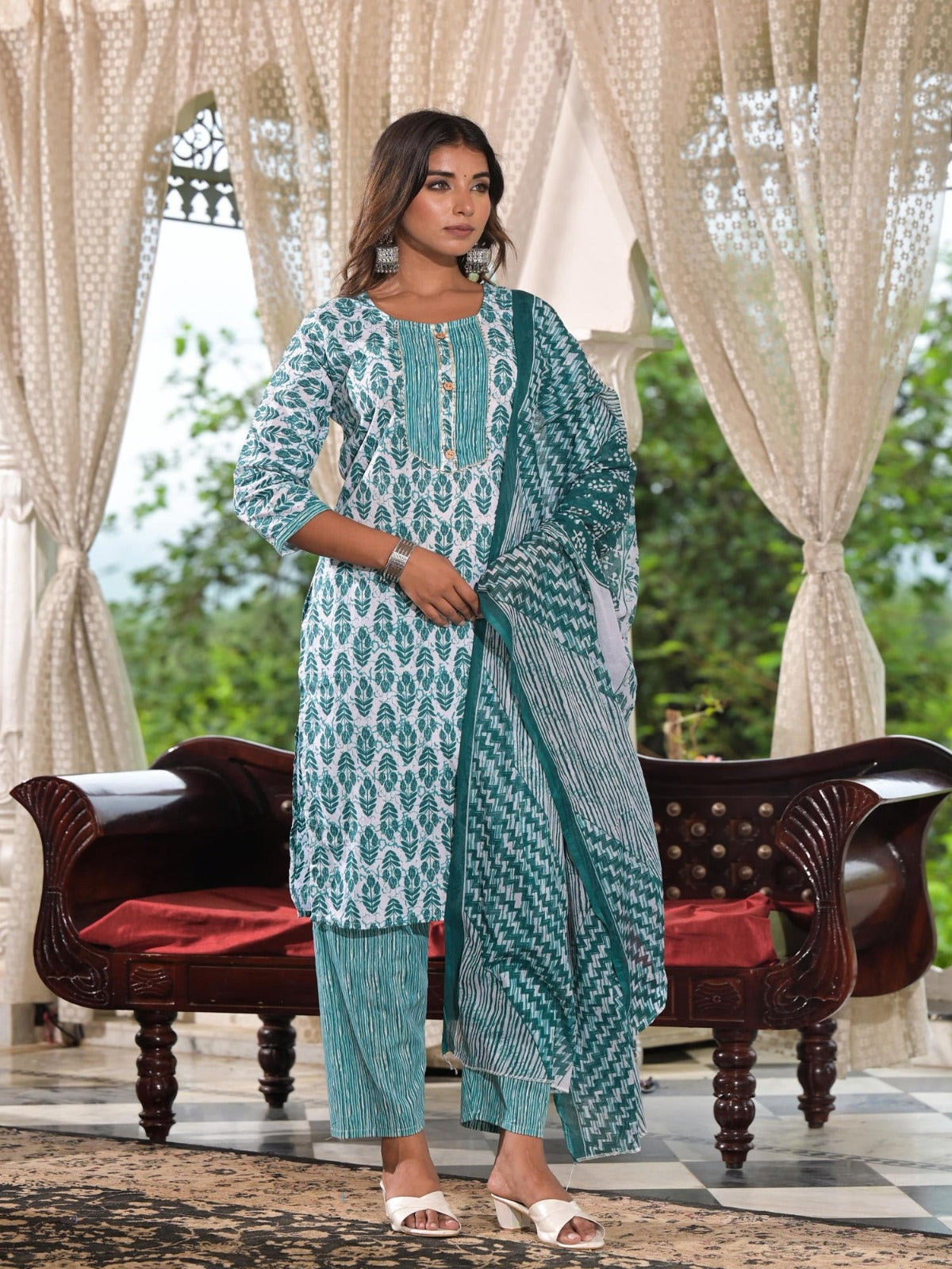 FlexFeb Sky Blue Printed Cotton Stitched Dress Suit Set | Elegant Ethnic Wear with Matching Dupatta