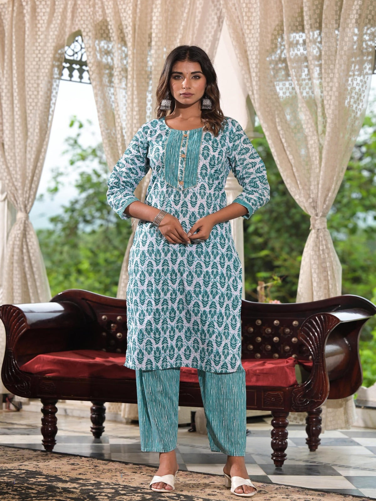 FlexFeb Sky Blue Printed Cotton Stitched Dress Suit Set | Elegant Ethnic Wear with Matching Dupatta