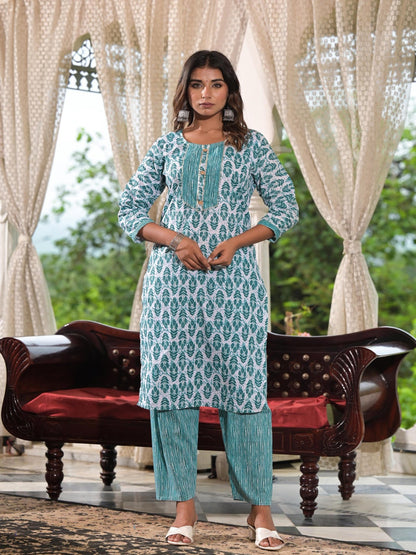 FlexFeb Sky Blue Printed Cotton Stitched Dress Suit Set | Elegant Ethnic Wear with Matching Dupatta