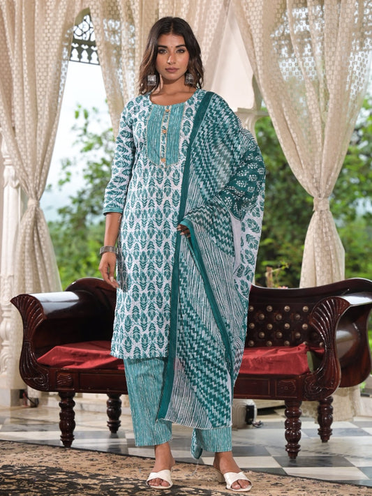 FlexFeb Sky Blue Printed Cotton Stitched Dress Suit Set | Elegant Ethnic Wear with Matching Dupatta