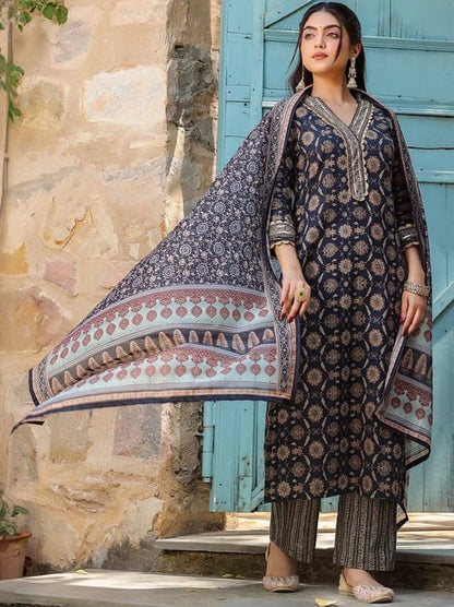 FlexFeb Navy Blue Ethnic Cotton Printed Suit Set | Elegant Traditional Kurta with Matching Pants & Dupatta | 3-Piece Set