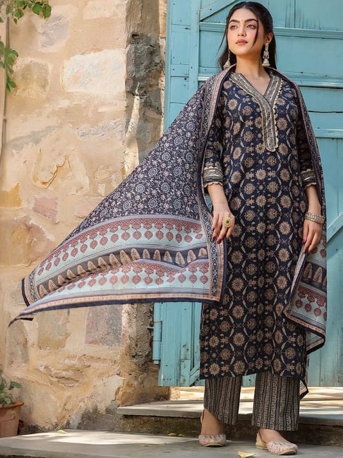 FlexFeb Navy Blue Ethnic Cotton Printed Suit Set | Elegant Traditional Kurta with Matching Pants & Dupatta | 3-Piece Set