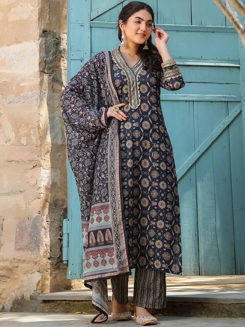FlexFeb Navy Blue Ethnic Cotton Printed Suit Set | Elegant Traditional Kurta with Matching Pants & Dupatta | 3-Piece Set