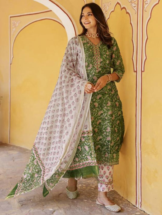 Elegant Green Cotton Hand block Printed Suit Set with Contrasting Dupatta – 3 Piece Ethnic Wear for Women