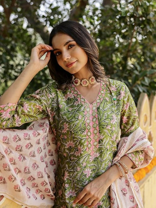Elegant Green Cotton Hand block Printed Suit Set with Contrasting Dupatta – 3 Piece Ethnic Wear for Women