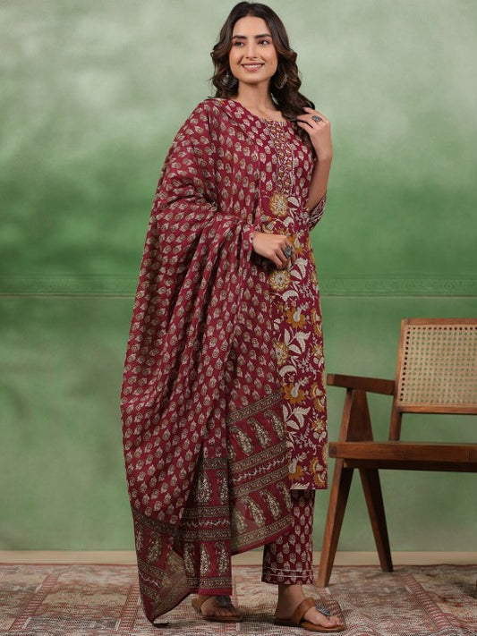 Maroon Floral Cotton Printed Suit Set with Dupatta – Elegant 3-Piece Ethnic Wear for Women