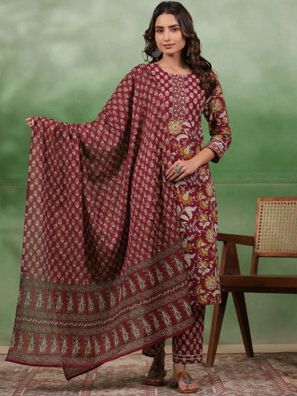 Maroon Floral Cotton Printed Suit Set with Dupatta – Elegant 3-Piece Ethnic Wear for Women