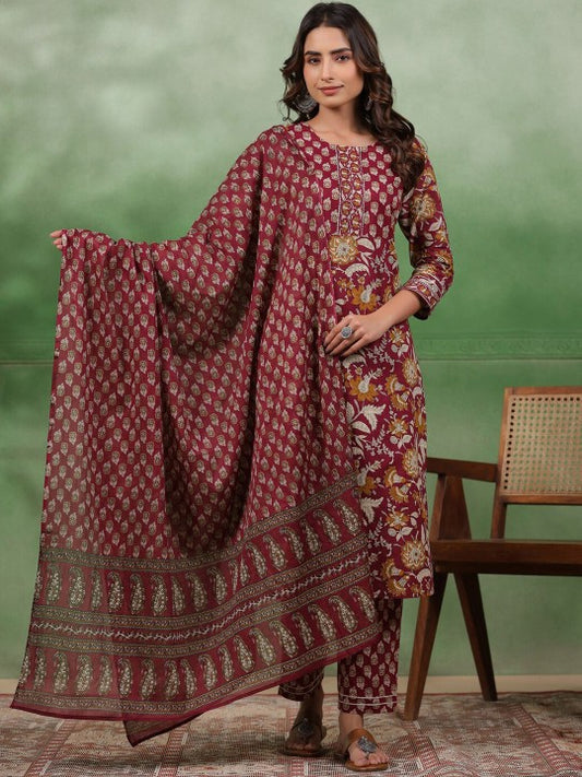 Maroon Floral Cotton Printed Suit Set with Dupatta – Elegant 3-Piece Ethnic Wear for Women