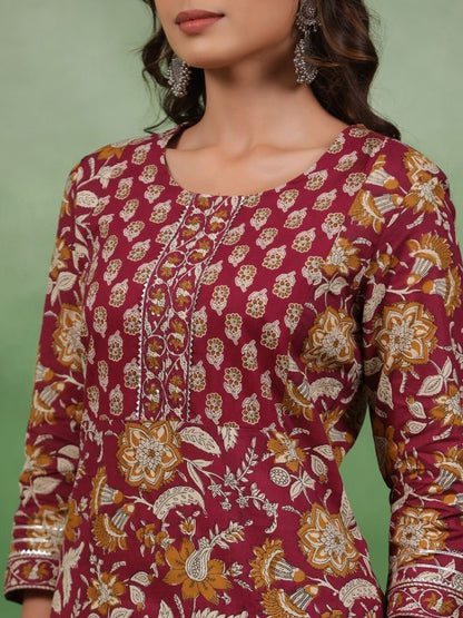 Maroon Floral Cotton Printed Suit Set with Dupatta – Elegant 3-Piece Ethnic Wear for Women