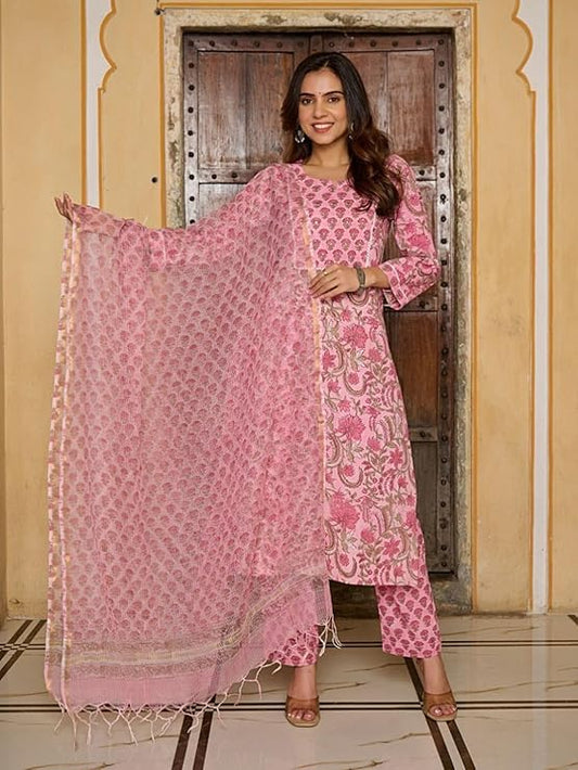 Light Pink Floral Cotton Suit Set with Dupatta – Elegant 3-Piece Ethnic Wear for Women