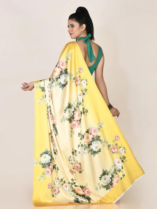 FlexFeb Elegant Yellow Floral Printed Satin Saree with Plain Blouse Piece – Soft & Glossy Finish