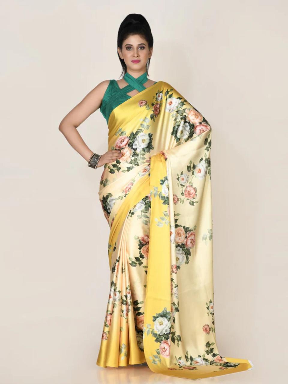 FlexFeb Elegant Yellow Floral Printed Satin Saree with Plain Blouse Piece – Soft & Glossy Finish