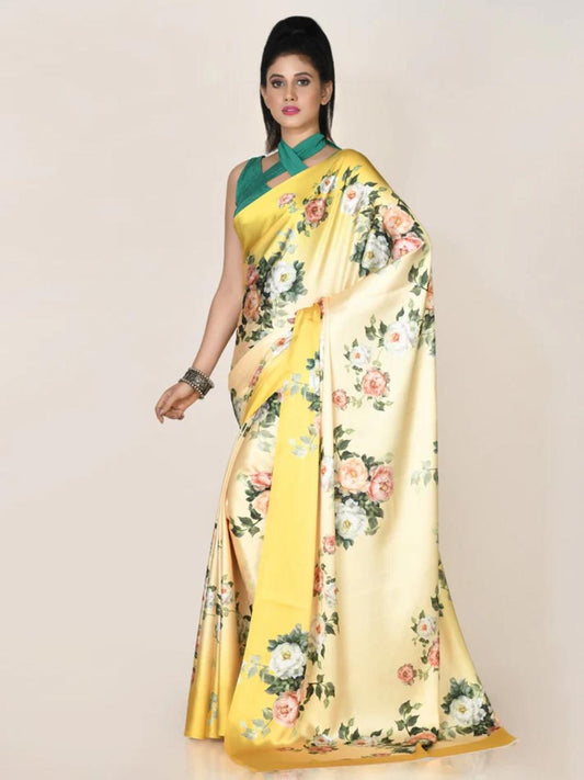 FlexFeb Elegant Yellow Floral Printed Satin Saree with Plain Blouse Piece – Soft & Glossy Finish