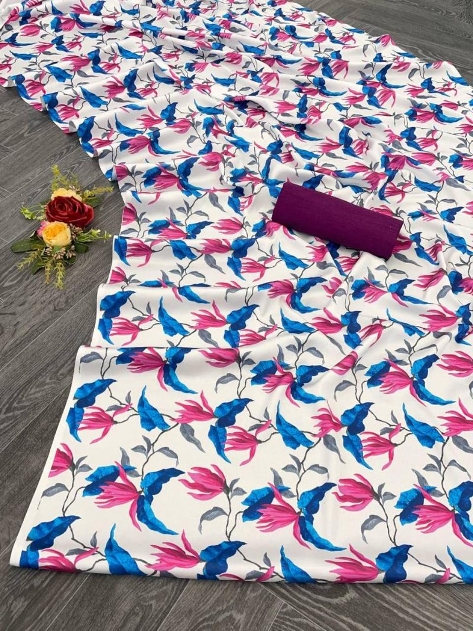FlexFeb Elegant Floral Printed Heavy Satin Saree for Women with Unstitched Plain Blouse
