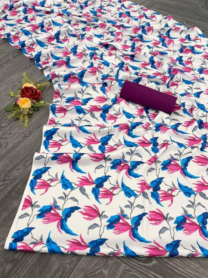 FlexFeb Elegant Floral Printed Heavy Satin Saree for Women with Unstitched Plain Blouse