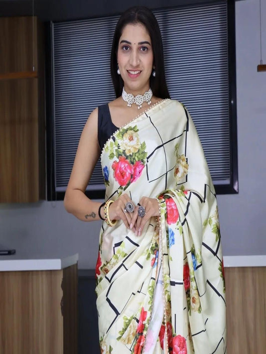 FlexFeb Cream Satin Floral Printed Saree with Geometric Design & Unstitched Blouse – Elegant Party & Festive Look