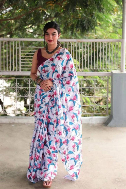 FlexFeb Elegant Floral Printed Heavy Satin Saree for Women with Unstitched Plain Blouse