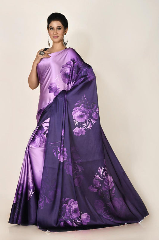 FlexFeb Elegant Heavy Satin Saree with Floral Print & Matching Plain Blouse