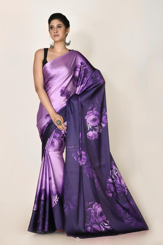 FlexFeb Elegant Heavy Satin Saree with Floral Print & Matching Plain Blouse
