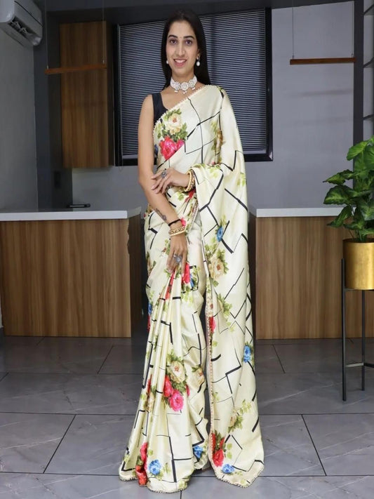 FlexFeb Cream Satin Floral Printed Saree with Geometric Design & Unstitched Blouse – Elegant Party & Festive Look