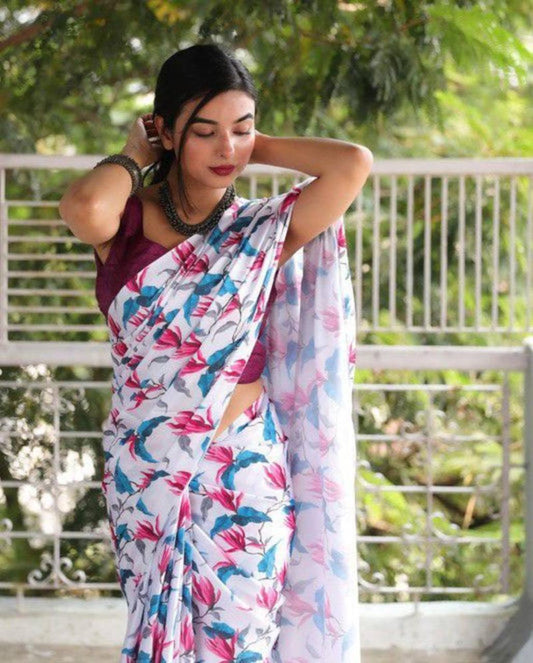 FlexFeb Elegant Floral Printed Heavy Satin Saree for Women with Unstitched Plain Blouse