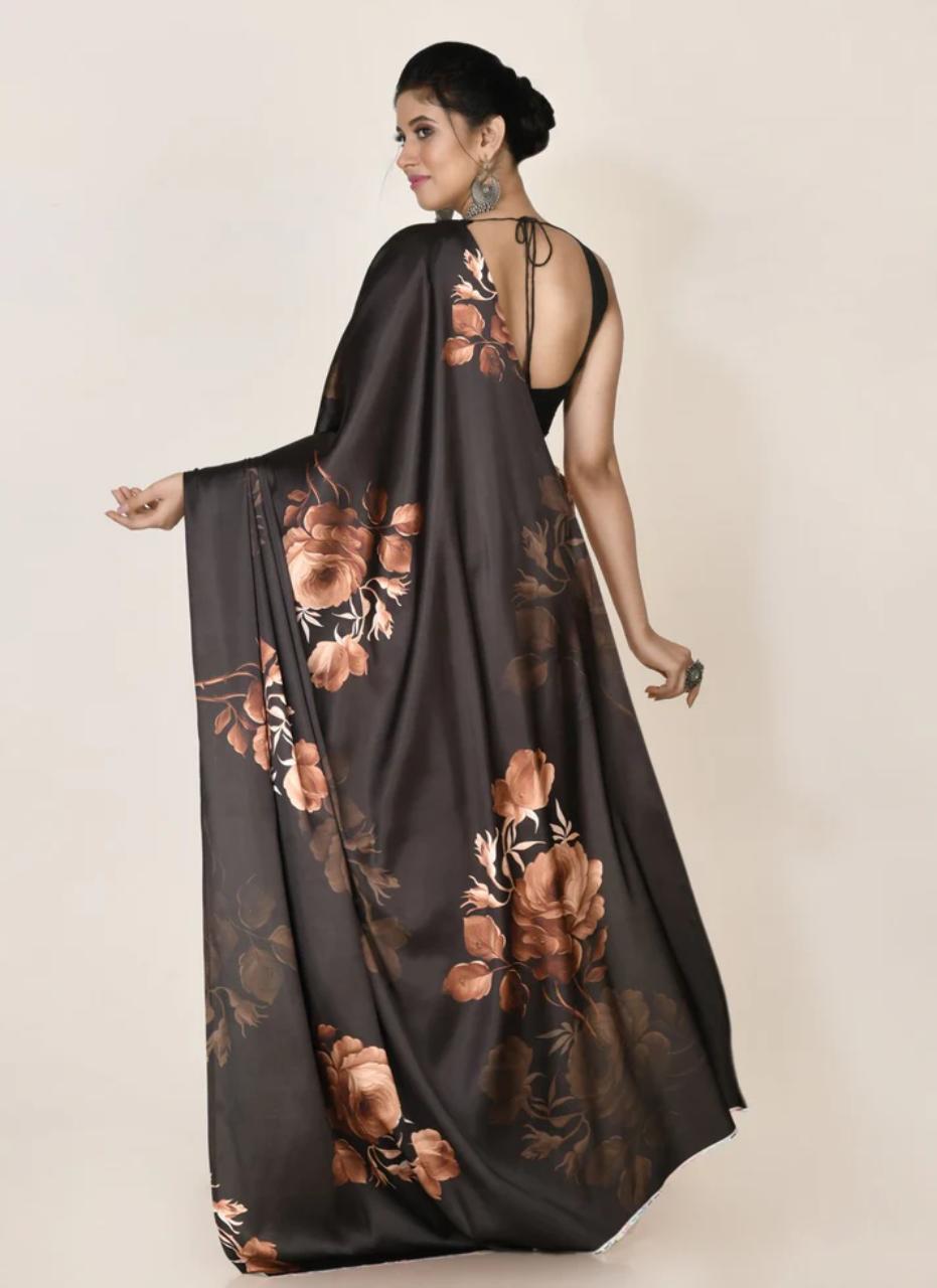 FlexFeb Elegant Floral Satin Saree with Plain Blouse | Soft & Lustrous Fabric | Party & Festive Wear