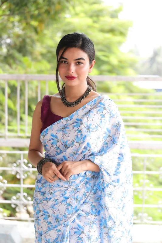 FlexFeb Elegant Lavender Floral Printed Georgette Saree with Contrast Maroon Blouse – Lightweight & Festive Wear