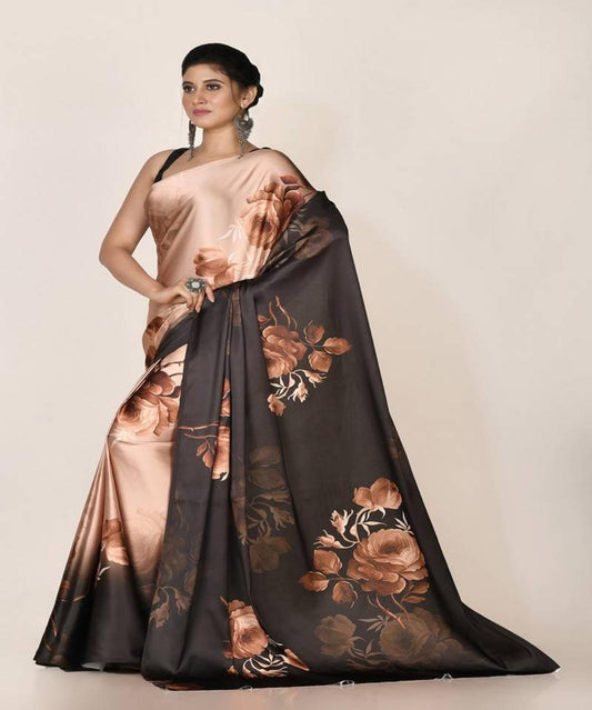 FlexFeb Elegant Floral Satin Saree with Plain Blouse | Soft & Lustrous Fabric | Party & Festive Wear