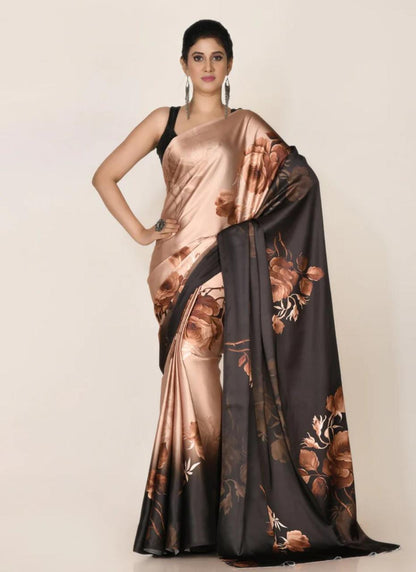 FlexFeb Elegant Floral Satin Saree with Plain Blouse | Soft & Lustrous Fabric | Party & Festive Wear