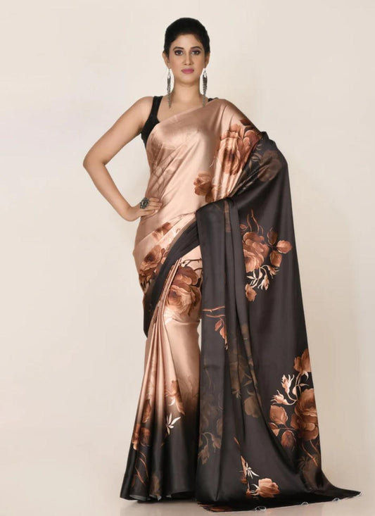 FlexFeb Elegant Floral Satin Saree with Plain Blouse | Soft & Lustrous Fabric | Party & Festive Wear