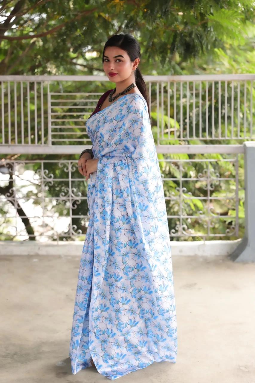FlexFeb Elegant Lavender Floral Printed Georgette Saree with Contrast Maroon Blouse – Lightweight & Festive Wear