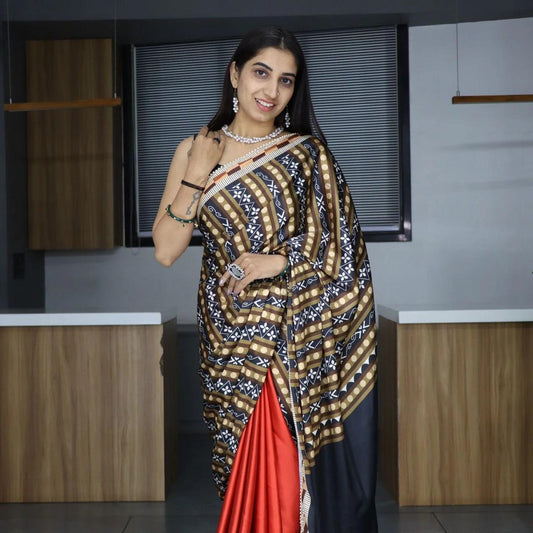 FlexFeb Pure Japan Satin Saree with Elegant Pearl Lace Border – Soft & Glossy Party Wear Drape with Unstitched Blouse