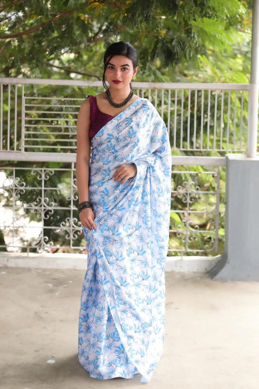 FlexFeb Elegant Lavender Floral Printed Georgette Saree with Contrast Maroon Blouse – Lightweight & Festive Wear