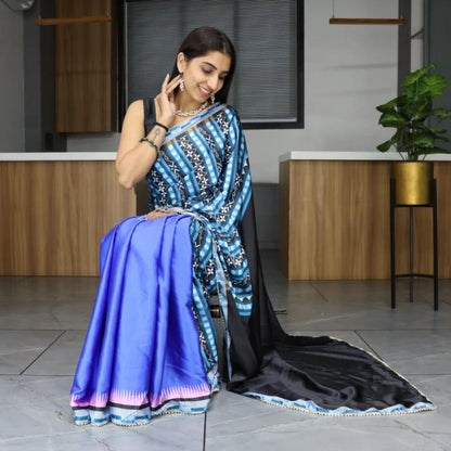 FlexFeb Japan Satin Saree Blue with Contrast Pallu and Pearl Lace Border – Elegant Festive Drape