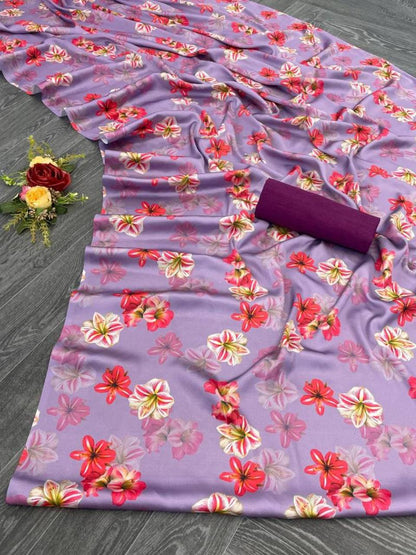 FlexFeb Elegant Lavender Floral Printed Soft Georgette Saree with Maroon Blouse – Casual & Festive Wear