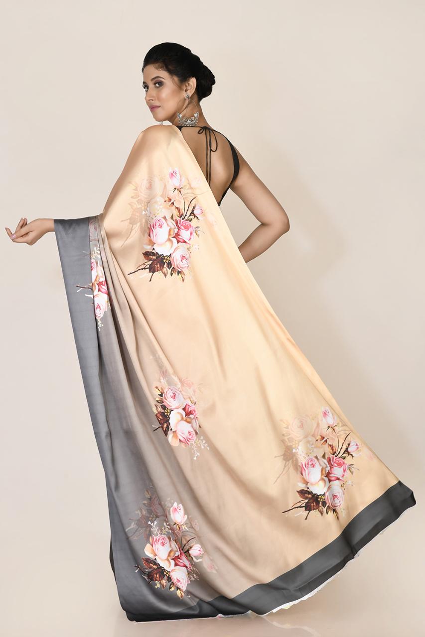 FlexFeb Graceful Floral Print Satin Saree with Unstitched Blouse | Soft Dual-Tone Drape for Festive & Party Wear