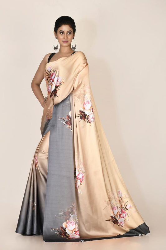 FlexFeb Graceful Floral Print Satin Saree with Unstitched Blouse | Soft Dual-Tone Drape for Festive & Party Wear