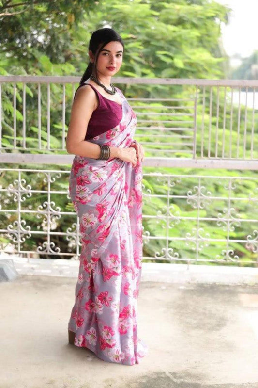 FlexFeb Elegant Lavender Floral Printed Soft Georgette Saree with Maroon Blouse – Casual & Festive Wear