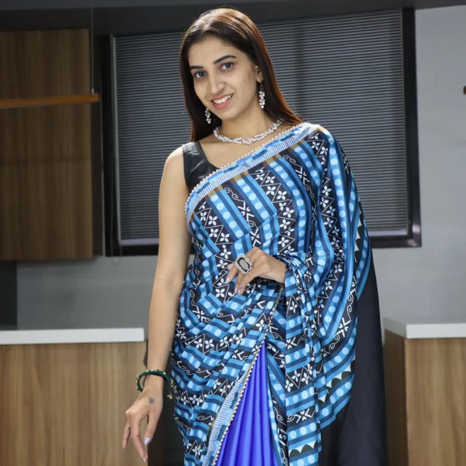 FlexFeb Japan Satin Saree Blue with Contrast Pallu and Pearl Lace Border – Elegant Festive Drape