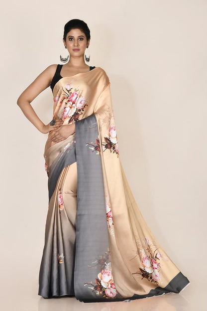 FlexFeb Graceful Floral Print Satin Saree with Unstitched Blouse | Soft Dual-Tone Drape for Festive & Party Wear