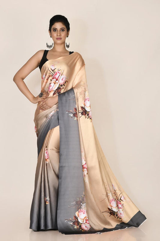 FlexFeb Graceful Floral Print Satin Saree with Unstitched Blouse | Soft Dual-Tone Drape for Festive & Party Wear