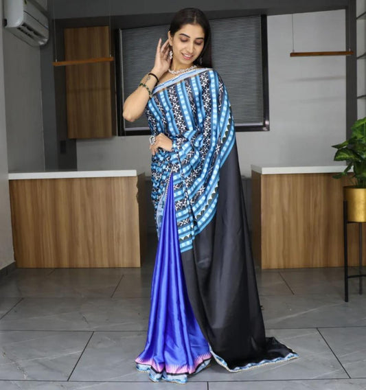 FlexFeb Japan Satin Saree Blue with Contrast Pallu and Pearl Lace Border – Elegant Festive Drape