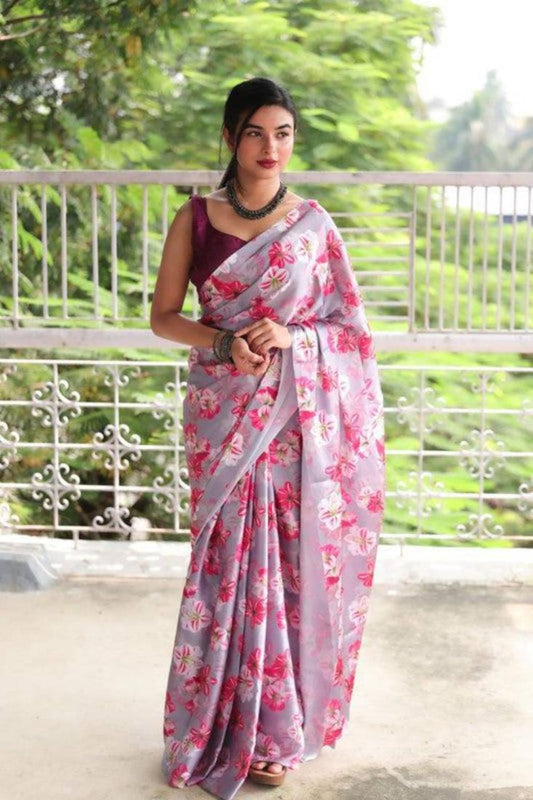 FlexFeb Elegant Lavender Floral Printed Soft Georgette Saree with Maroon Blouse – Casual & Festive Wear